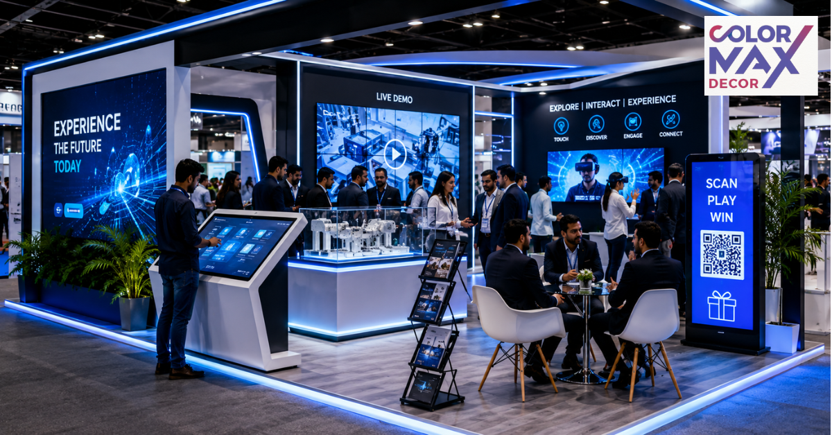 Modern interactive exhibition stall with LED displays, touchscreen kiosk, VR demo, and visitor engagement at a trade show.