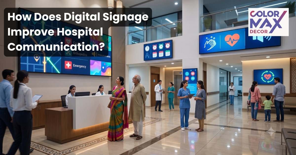Modern hospital reception with digital signage screens displaying wayfinding, emergency information, health icons, and visitor guidance.