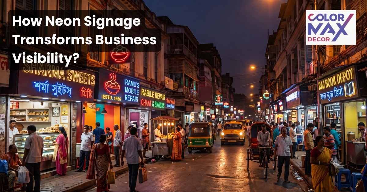 Busy Kolkata commercial street at night featuring illuminated neon signs that enhance business visibility and attract customers.