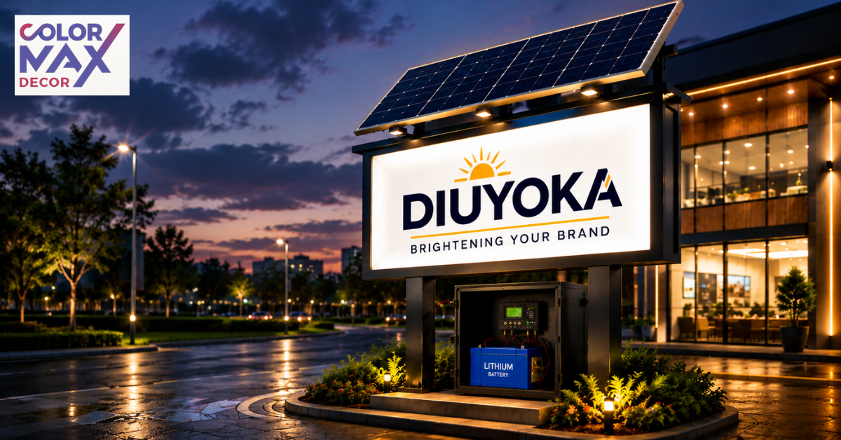 Solar-powered illuminated signage with rooftop solar panel outside a modern commercial building at dusk.