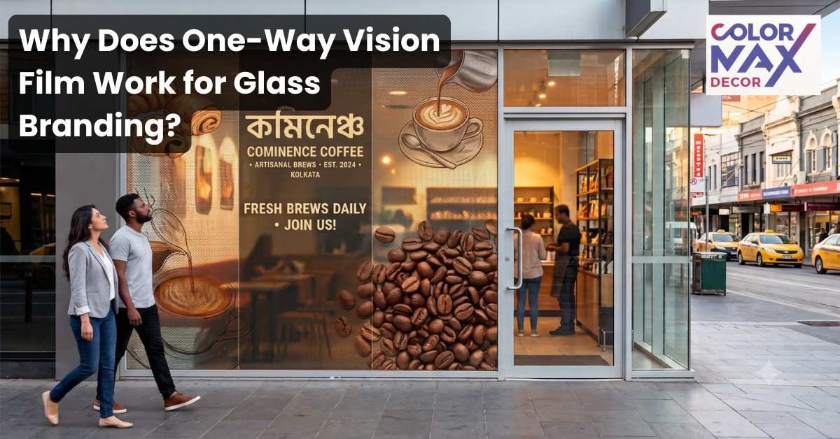 Café storefront featuring one-way vision film branding on glass windows with coffee-themed graphics and promotional messaging.
