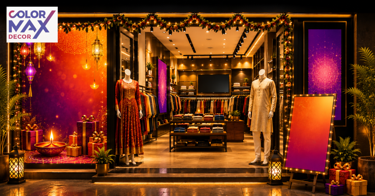 Seasonally branded retail clothing store with festive window displays, visual merchandising, mannequins, and decorative lighting to attract customers.